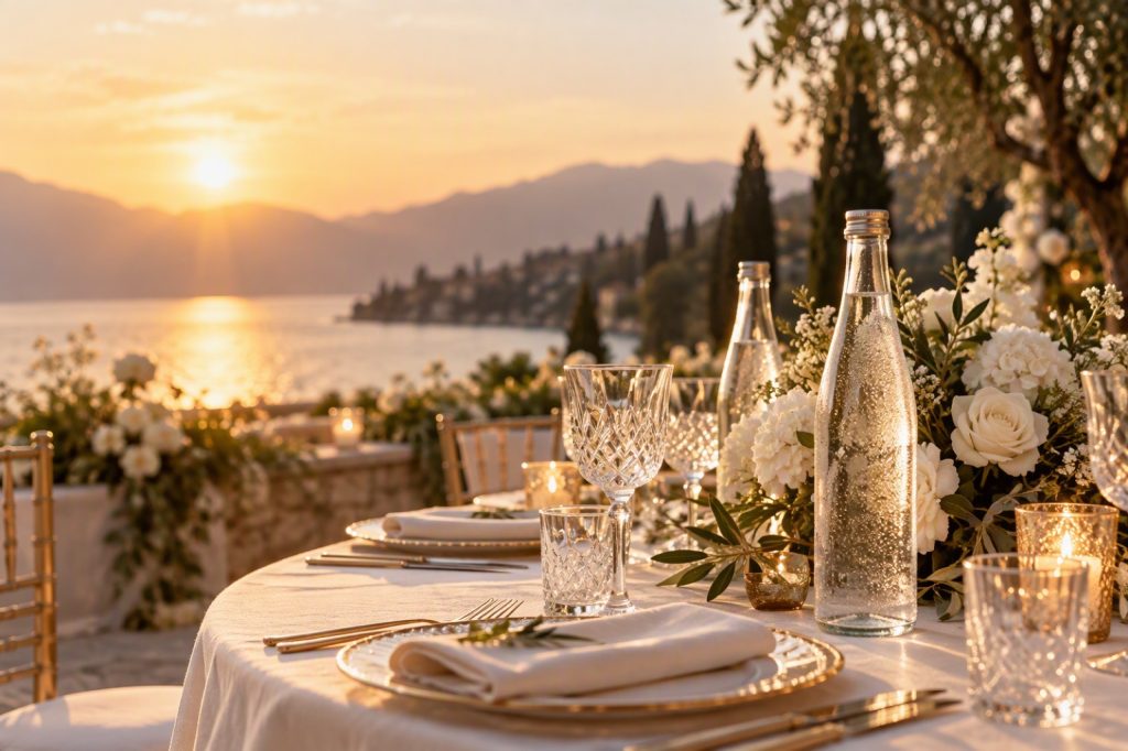 Portofolio website Official Wedding Water, ilustrasi meja pernikahan dan botol air minum